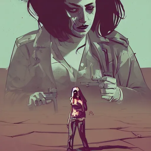 Image similar to a comic noir illustration of a woman hunting zombies in a post - apocalyptic desert, by queens of the stone age, by sachin teng, 8 k, hyperrealistic, high contrast, dark vibes, pastel lighting, depth of field