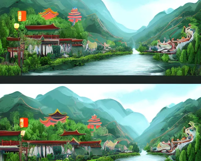Image similar to artstation a graphic design of a little chinese town ， main road ， river
