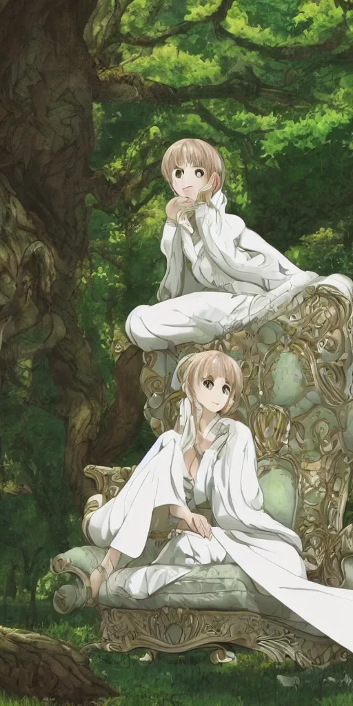 Image similar to landscape shot of a highly detailed queen sitting by herself on a sofa in a forest wearing a white robe drawn by CloverWorks, elegant, beauty,