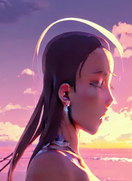 Image similar to side portrait of cute girl, sunset sky in background, beach landscape, illustration concept art anime key visual trending pixiv fanbox by wlop and greg rutkowski and makoto shinkai and studio ghibli and kyoto animation, futuristic wheelchair, symmetrical facial features, real face, future clothing, realistic anatomy, backlit