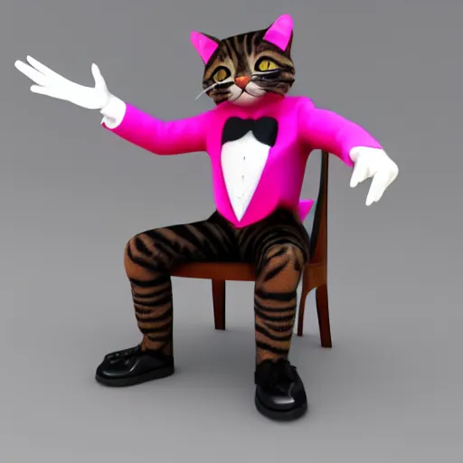 Prompt: 3d render, anthropomorphic cat male tabby, wearing a pink tux, sitting with hands folded on a chair with a smirk on his face.