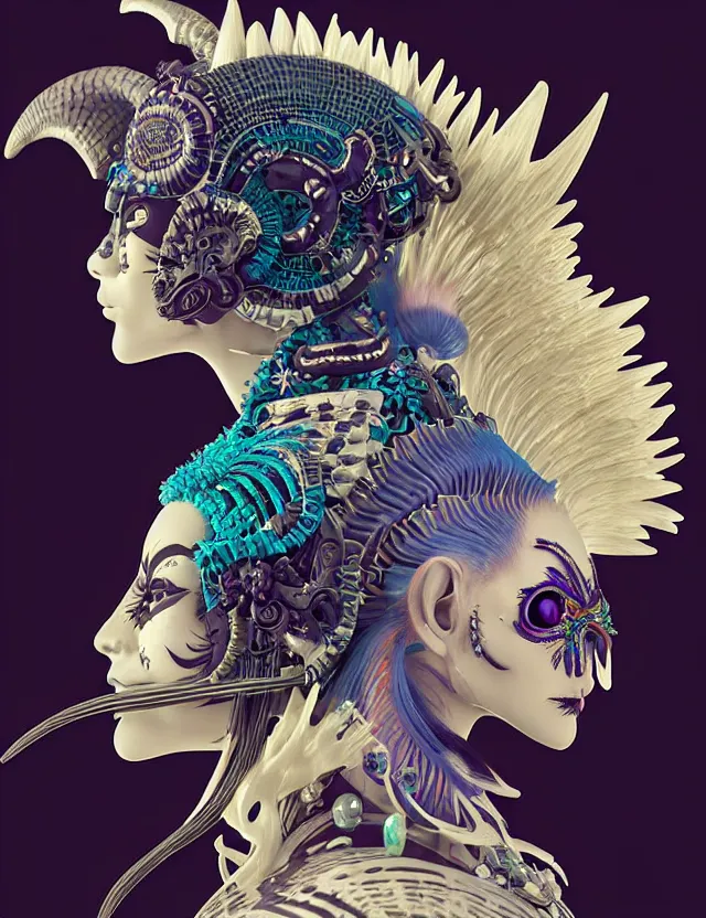 Image similar to 3 d goddess close - up profile portrait punk with mohawk with ram skull. beautiful intricately detailed japanese crow kitsune mask and clasical japanese kimono. betta fish, jellyfish phoenix, bio luminescent, plasma, ice, water, wind, creature, artwork by tooth wu and wlop and beeple and greg rutkowski