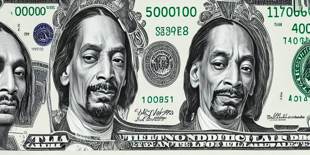 Prompt: a thousand dollar us bill featuring snoop dogg