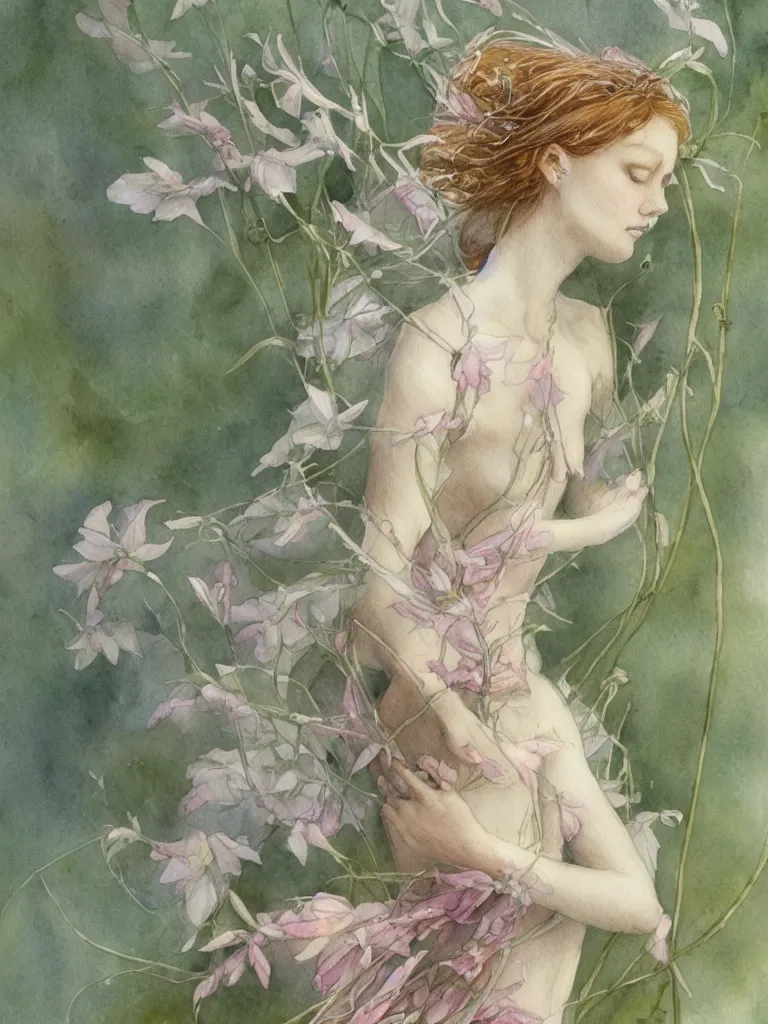 Image similar to study of a flower fairy, illustration, watercolor, alan lee, detailed, pretty, ethereal, realistic, artstation,