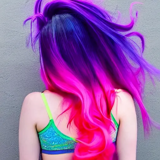 Image similar to a award winning full body shot of a beautiful woman in a croptop with a ombre purple pink teal hairstyle with head in motion and hair flying, outrun, vaporware, vivid colors, highly detailed, fine detail, intricate