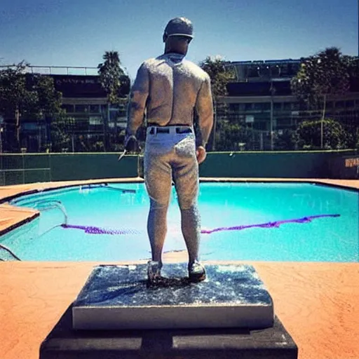 Image similar to “a realistic detailed photo of a guy who is named Mike Trout a baseball player, frozen like a statue, with shiny skin, by a pool, on display”