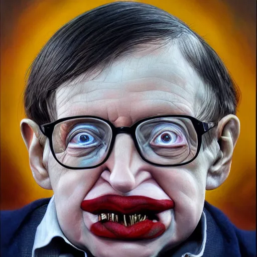 Image similar to UHD hyperrealism painting of Stephen Hawking wearing accurate clown makeup, clown costume, and correct clown face, by Antonio Caparo and Ferdinand Knab and Greg Rutkowski, UHD, photorealistic, trending on artstation, trending on deviantart, correct face, realistic clown makeup