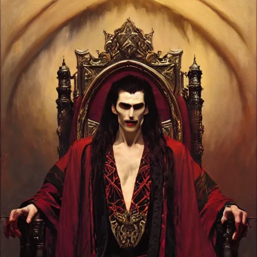 Prompt: perfectly centered portrait of attractive vampire king in a robe sitting on a throne of bones, highly detailed painting by gaston bussiere, craig mullins, j. c. leyendecker, 8 k