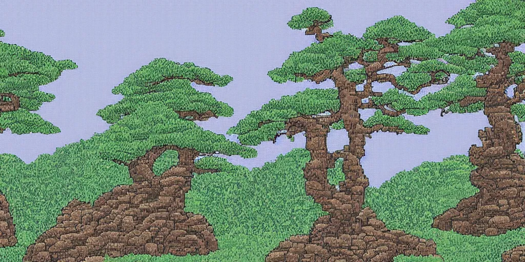 Image similar to old japanese landscape with pagoda, curved trees and rocks, detailed, pixel art