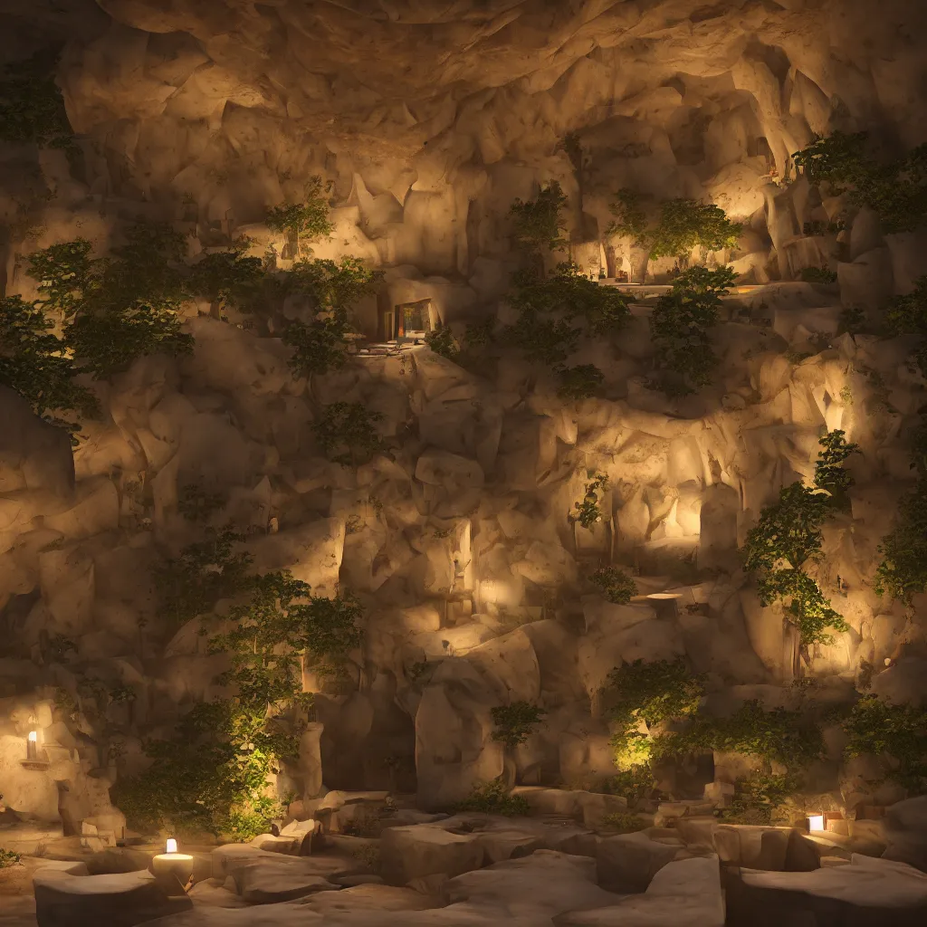 Image similar to secret overwatch common area carved inside a cave, multiple bedrooms, sheltered, magical, natural light, planters, central tree, candle light, cinematic lighting, clean lines, cozy, fantasy, minimalist architecture, sharp focus, concept art, octane render 8 k