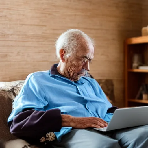 Image similar to elderly man sitting in a casket browsing internet on laptop from a casket casket