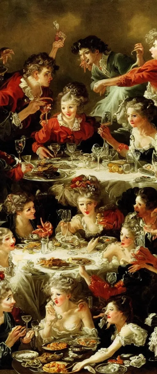 Image similar to vampires at a feasting dinner table with bones on plates super dreamy scary beautiful oil painting in the style of francois boucher