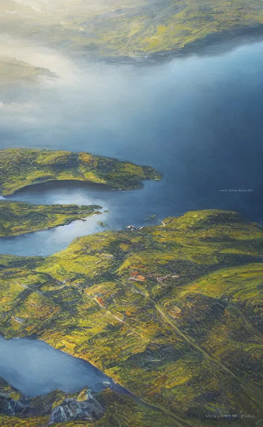 Image similar to nordic fjord, summer morning light, aerial view, cinematic light, soft illumination, cinematic composition, wide - angle, atmospheric, oil painting, trending on artstation