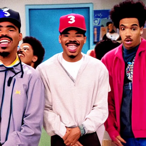 Image similar to a tv still of Chance The Rapper starring as a black college student at Jones College Prep in a 1993 sitcom