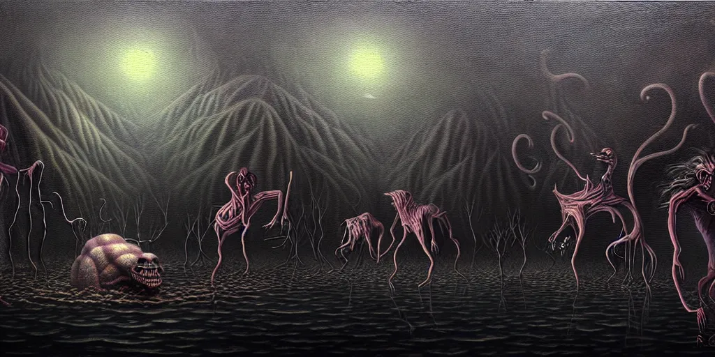 Image similar to creatures lurking in the collective unconscious, in a dark surreal painting by ronny khalil