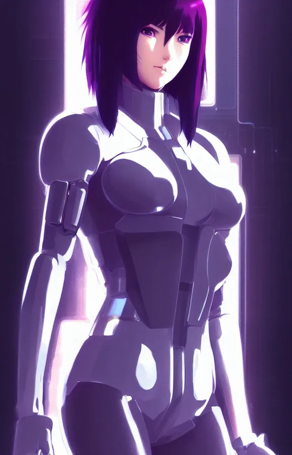 Image similar to a still fullbody portrait of motoko kusanagi ghost in the shell, finely detailed features, closeup at the faces, perfect art, at a cyberpunk city, gapmoe yandere grimdark, trending on pixiv fanbox, by ilya kuvshinov, rossdraws, artgerm