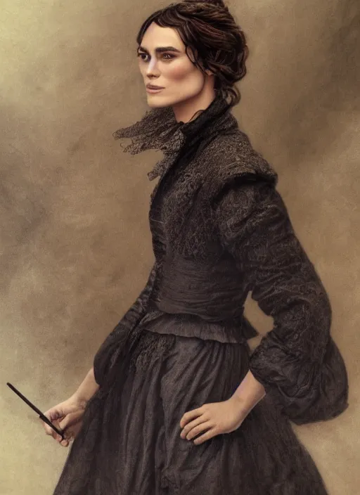 Image similar to a photograpic portrait of Keira Knightley, pride and prejudice, realistic, with kind face, dark hair, georgian dress, intricate, elegant, highly detailed, digital painting, smooth, sharp focus