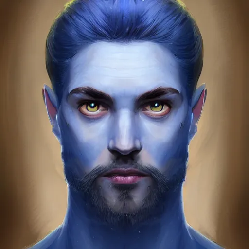 Prompt: head-on symmetrical centered painted portrait, a blue-skinned man in his twenties as a D&D wizard, fantasy, intricate, elegant, highly detailed, digital painting, smooth, sharp focus, illustration, artstation, in the style of Artgerm and Anna Podedworna and Charlie Bowater