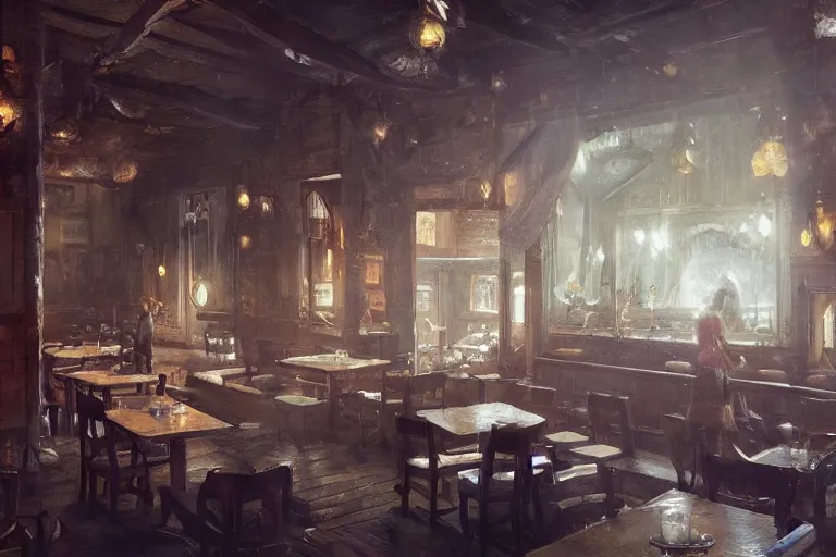 Image similar to A national geographic photo of the interior of an old inn restaurant filled with people by greg rutkowski, Trending on artstation