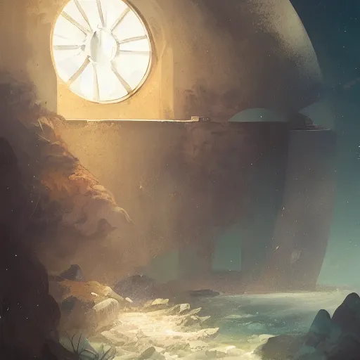 Image similar to a man looking out of a round window from space by peter mohrbacher, jeremy mann, greg rutkowski, android james, ross tran, beautiful, award winning scenery, 8 k quality, clean details, serene, sakura season