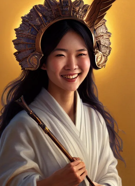 Image similar to Close-up portrait of smiling young asian woman wearing a winged helmet and a robe, holding a magic staff, portrait, highly detailed, digital painting, artstation, concept art, sharp focus, illustration, art by artgerm and greg rutkowski and alphonse mucha