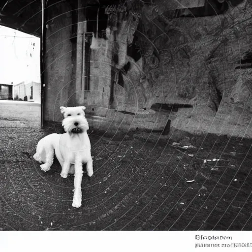 Prompt: photo of a white schnauzer dog with open wings on his back sitting on the street of an abandoned dystopic city, hyprrealism, 5 5 mm photo