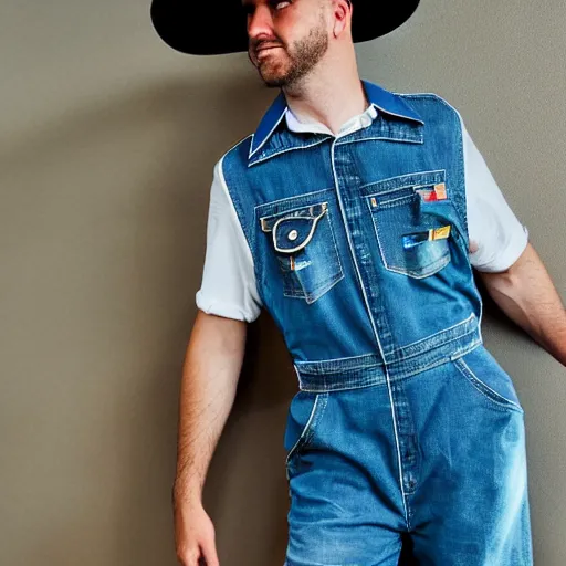 Image similar to kangaroo wearing denim overalls that have a front pocket, fashion managzine photograph, studio lighting