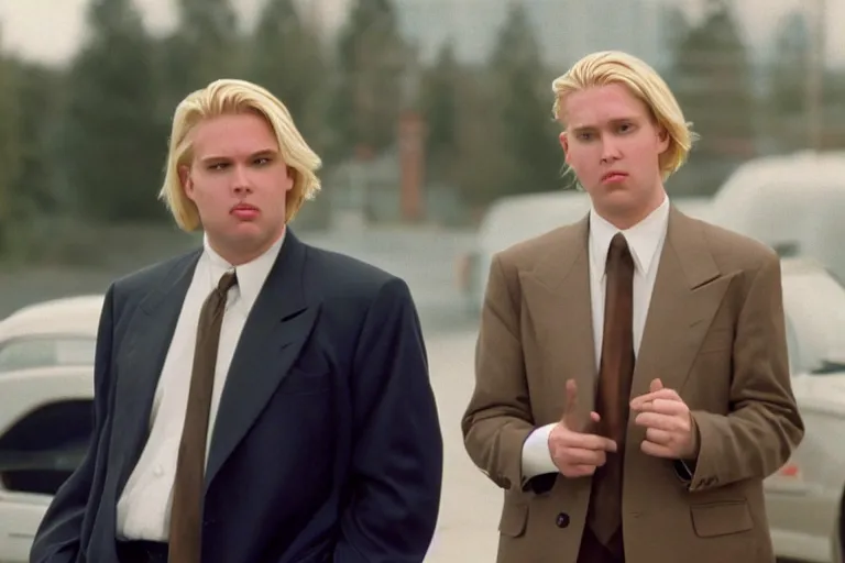 Image similar to cinematic still of portly clean-shaven white man wearing suit and necktie and curly blonde blonde blonde hair as car salesman in 1994 film, XF IQ4, f/1.4, ISO 200, 1/160s, 8K, RAW, dramatic lighting, symmetrical balance, in-frame