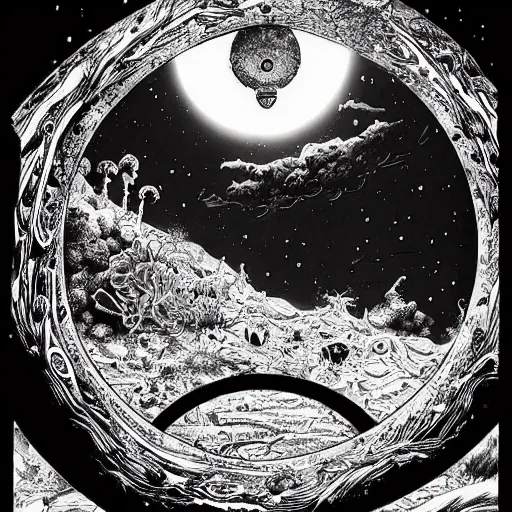 Image similar to highly detailed, intricate beautifully stunning picture of a cosmic aquarium in the middle of a keyhole portal overlooking the desert, stunning atmosphere, huge black glowing sun, black and white ink on paper, manga art, thick outlines , by Eiichiro Oda