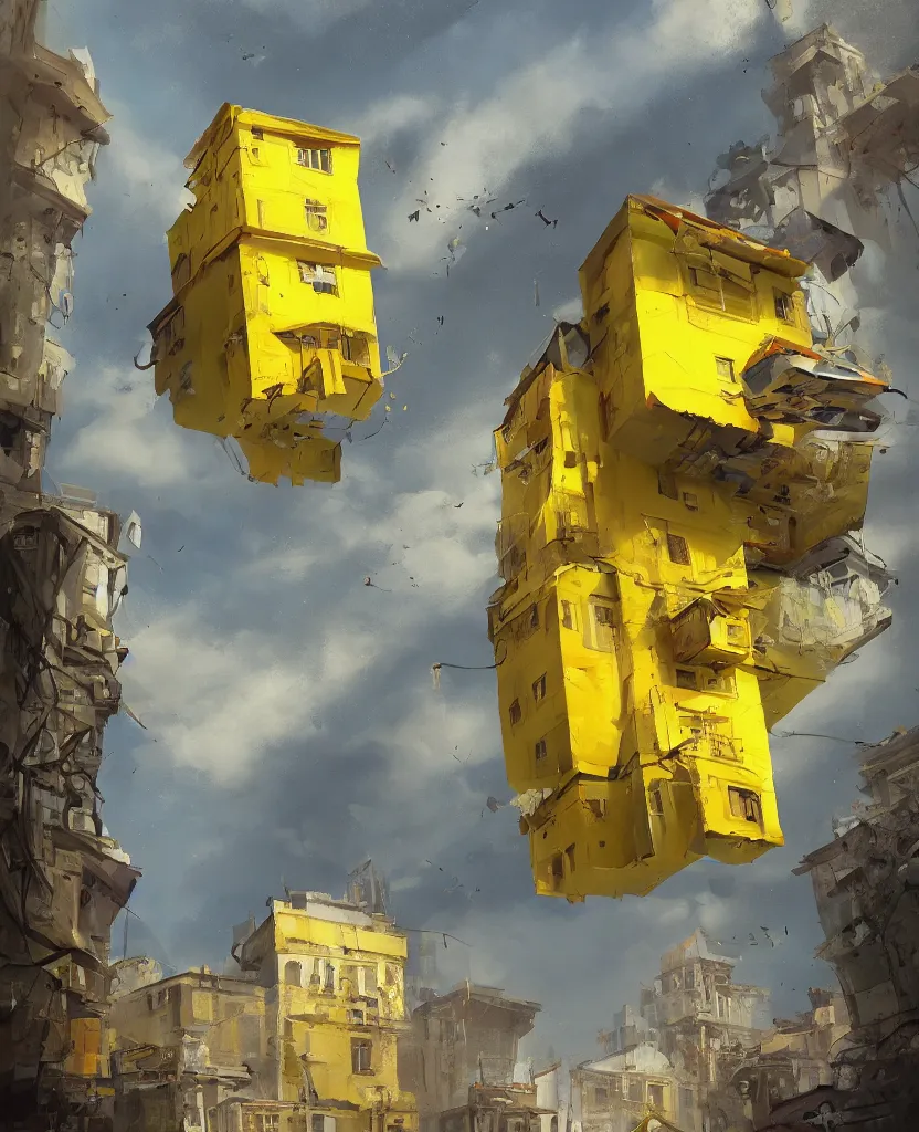 Prompt: a painting of a yellow building floating in the air, concept art by kamal ud - din behzad, artstation, maximalism, official art, concept art, 2 d game art