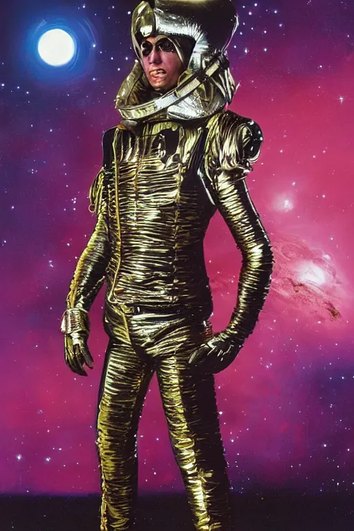 Prompt: portrait davis taylor brown dressed in 1 9 8 1 space fantasy fashion, heavy metal, shiny metal, standing in a desert