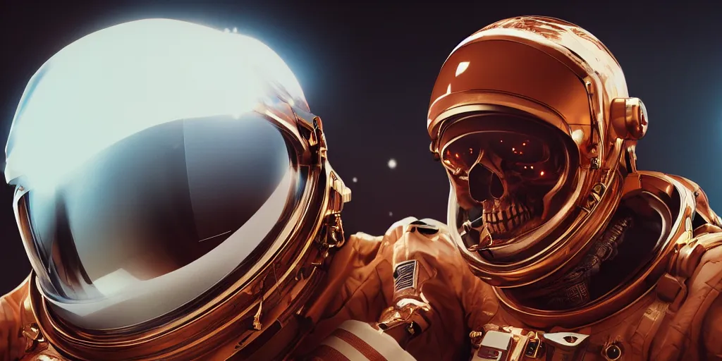 Prompt: ornate red bone skull in astronaut suit, gold linens, cinematic lighting, dramatic, octane render, long lens, shallow depth of field, bokeh, anamorphic lens flare, 8k, hyper detailed