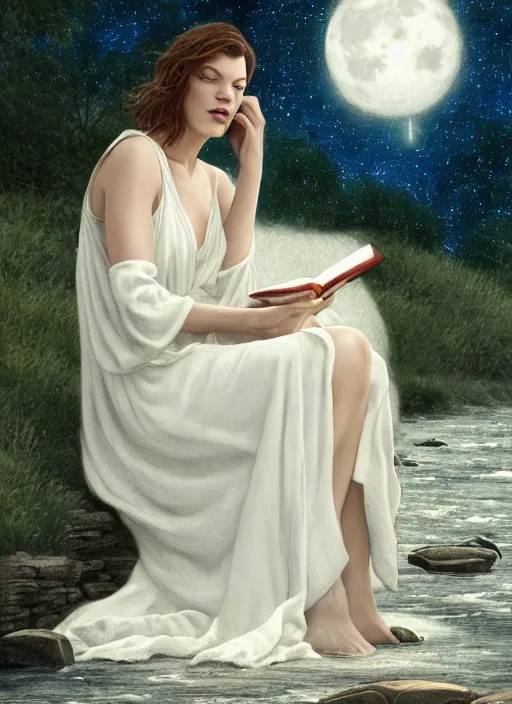 Prompt: milla jovovich in white nightgown reading a book by a river, full moon in a dark starry sky, golden orbs and fireflies, illustration, dramatic lighting, soft details, painting oil on canvas, art nouveau, octane render, 8 k, by edmund blair leighton, brom, charlie bowater, trending on artstation