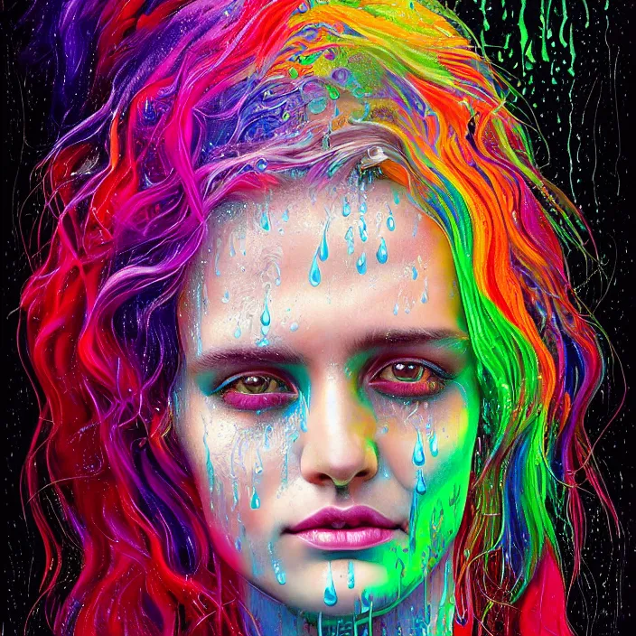 Image similar to bright psychedelic portrait with rain on face and wet hair, wings, smiling, diffuse lighting, fantasy, intricate, elegant, highly detailed, lifelike, photorealistic, digital painting, artstation, illustration, concept art, smooth, sharp focus, art by John Collier and Albert Aublet and Krenz Cushart and Artem Demura and Alphonse Mucha