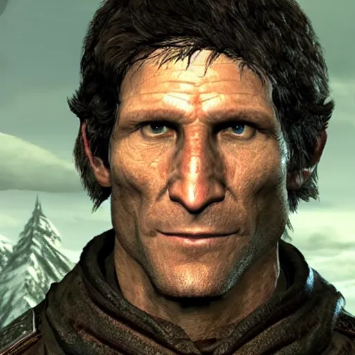 Prompt: A screenshot of Todd Howard of Bethesda Game Studios as an NPC in Skyrim