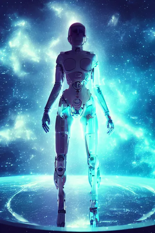 Image similar to woman cyborg floating in space letting go of reality and experiencing the quantum feild, matte painting comic book art, cinematic, highly detailed, realistic, beautiful cosmic neural network, octane render, unreal engine, depth of field, trending on artstation, sharp focus, philosophical splashes of colors