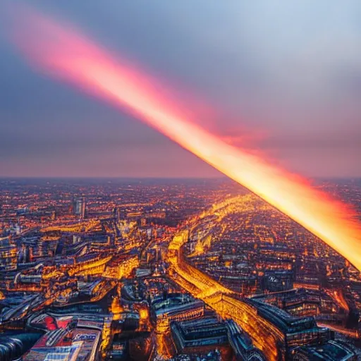 Image similar to london on fire aerial view volumetric lighting