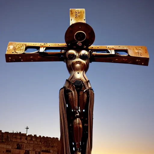 Prompt: steampunk robot crucified at dusk in ancient jerusalem