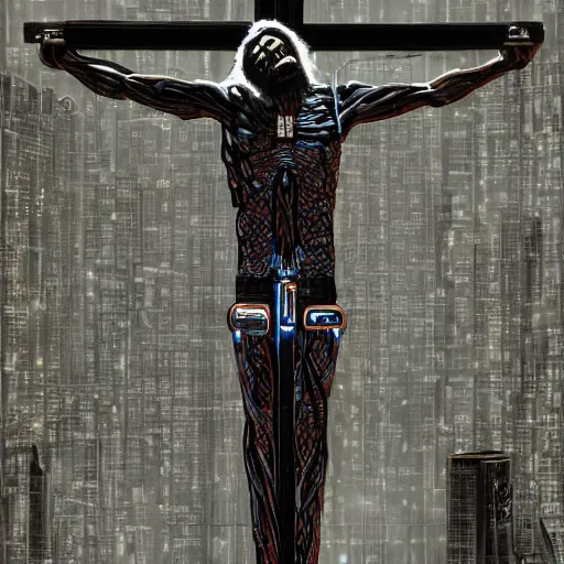 Image similar to a man crucified on a cybernetic sci - fi cross, full of computer elements and cables, symbolic, intricate, hyperdetailed, religious, painting, cyberpunk