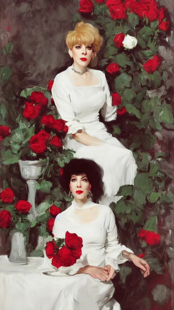 Image similar to portrait of julee cruise in white balloon sleeve dress beside a pot of red roses, a detailed persian curtain in back painted by john singer sargent