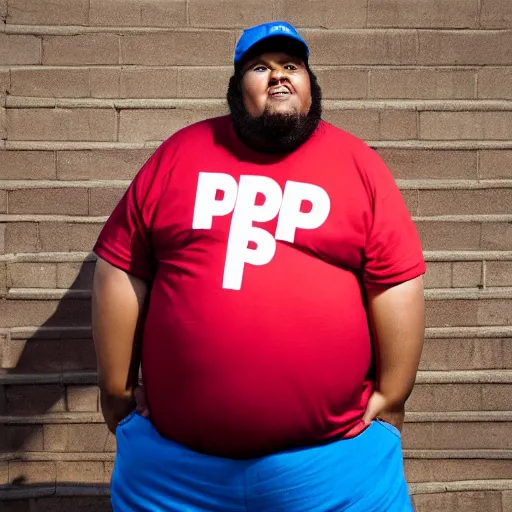 Image similar to very obese man with a t-shirt and a cap with the letter P, writing on a book