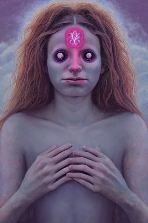 Image similar to acid tripping midsommer girl third eye open, chakra energy waves resonating from her body, ethereal aura, epic surrealism 8k oil painting, portrait, perspective, high definition, post modernist layering, by Sean Yoro, Gerald Brom