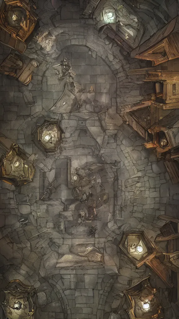 Image similar to wide establishing shot of a dungeons and dragons battle map, top view of inside of a great hall inside a castle, dynamic composition, dramatic lighting, trending on artstation, digital art, stylized painting