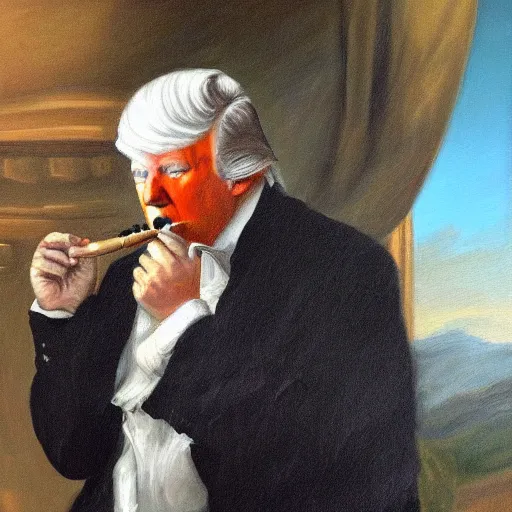 Image similar to oil painting portrait of Donald Trump smoking a cigar, Gilbert Stuart style