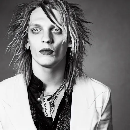 Prompt: Jamie Campbell Bower as a glam rock god, studio photograph for his new hair metal album