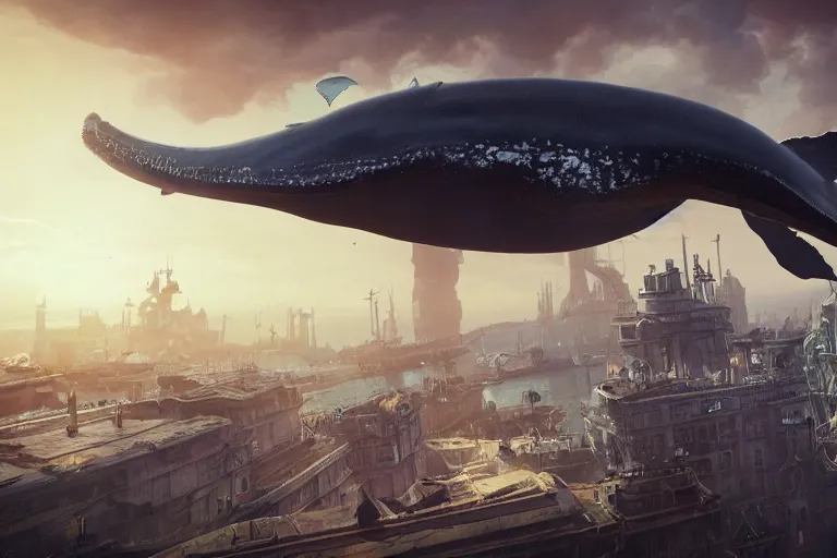 Prompt: alien whale flying over a steampunk city, 3d scene, render, ultra realistic, zenith view, Greg Rutkowski, artstation, cgsociety, level design, unreal engine alien whale flying over a steampunk city, 3d scene, render, ultra realistic, zenith view, Enki Bilal style