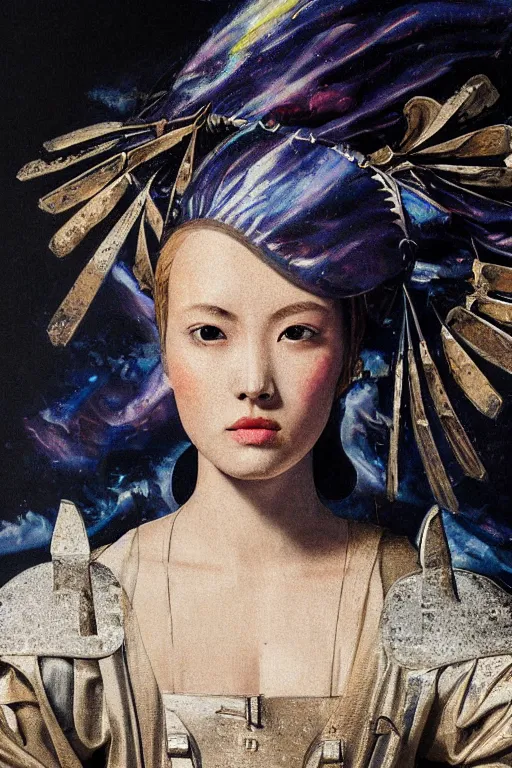 Prompt: hyperrealism oil painting, close-up portrait of medieval fashion model, knight, steel gradient mixed with nebula sky, in style of baroque mixed with 70s japan book art