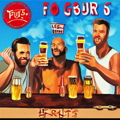 Image similar to album art cover of four guys barbecue and drinking beer