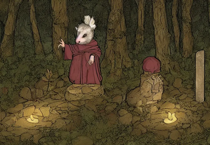 Image similar to a possum dressed like a monk at a medieval cemetery in the middle of the forest at night, isometric, highly detailed, digital art