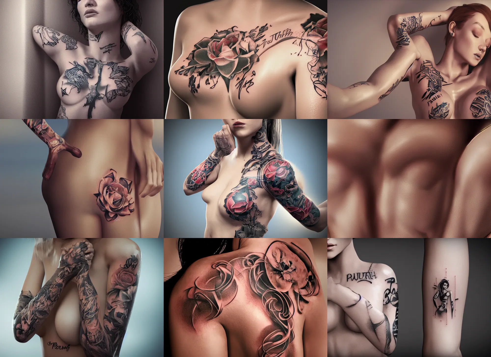 Prompt: tattoo with the inscription Power in Truth on the woman's body, octane render, cinematic, hyper realism, 8k, depth of field, highly detailed